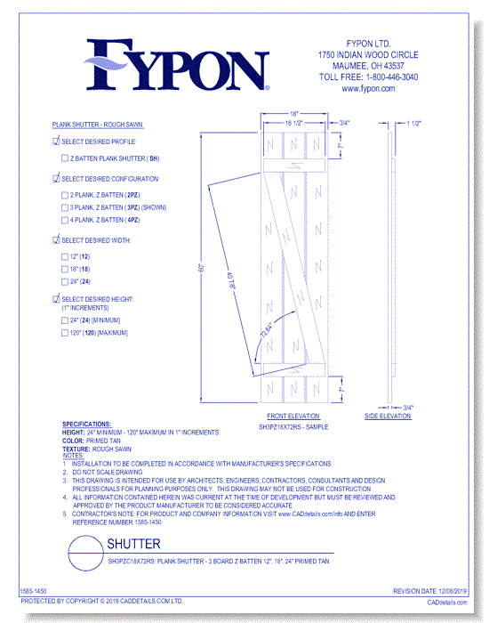 SH3PZC18X72RS: Plank Shutter - 3 Board Z Batten, 12", 18", 24" Primed Tan