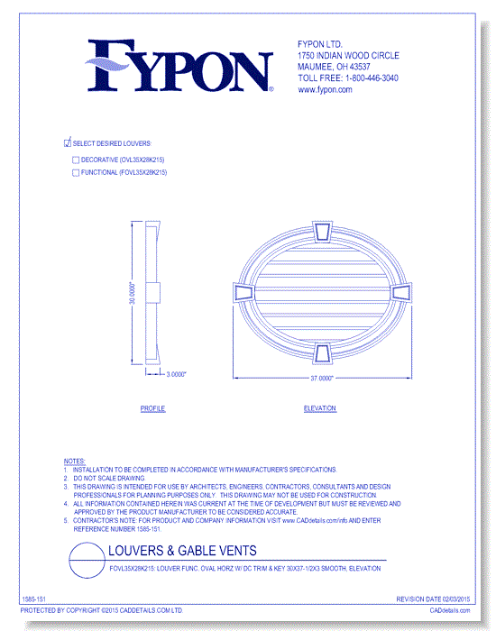 OVL35x28K215/FOVL35x28K215: Oval Horizontal Louver W/ DC Trim & Key Deco/Func 30X37-1/2X3 Smooth