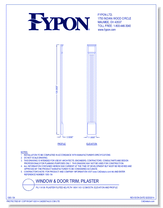 PIL11x108: Pilaster Fluted Adj Plth 108x11x3-1/2 Smooth, Elevation