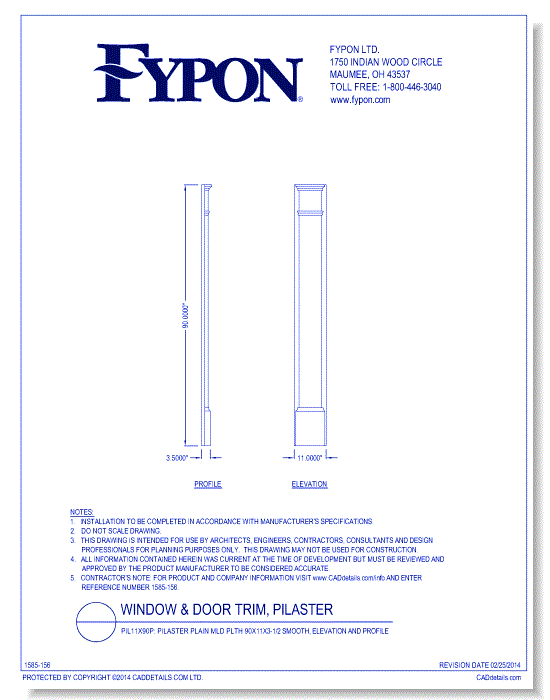 PIL11x90P: Pilaster Plain Mld Plth 90x11x3-1/2 Smooth, Elevation