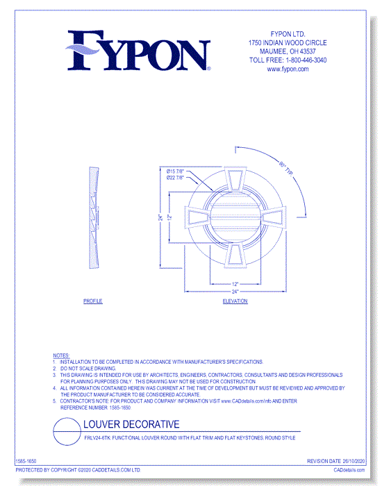 FRLV24-6TK: Functional Louver Round with Flat Trim and Flat Keystones, Round Style