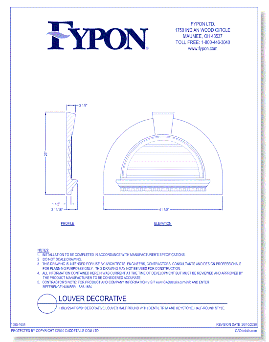 HRLV29-6FKWD: Decorative Louver Half Round with Dentil Trim and Keystone, Half-Round Style