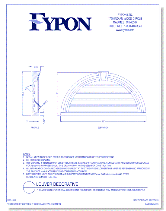 FHRLV36X18MTK: Functional Louver Half Round with Decorative Trim and Keystone, Half-Round Style