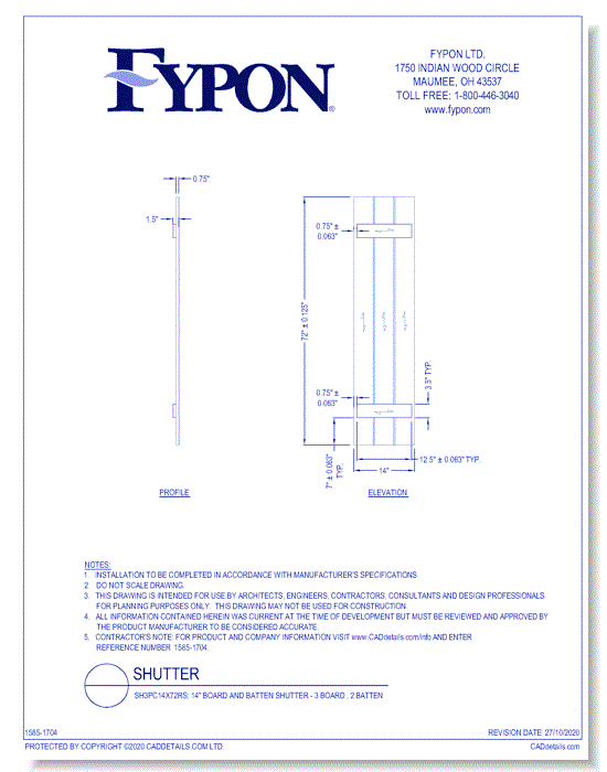 SH3PC14X72RS: 14" Board and Batten Shutter - 3 Board , 2 Batten