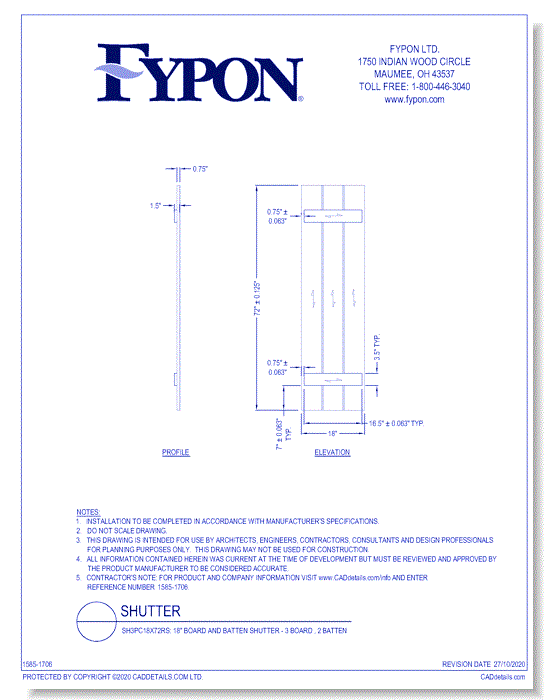 SH3PC18X72RS: 18" Board and Batten Shutter - 3 Board , 2 Batten