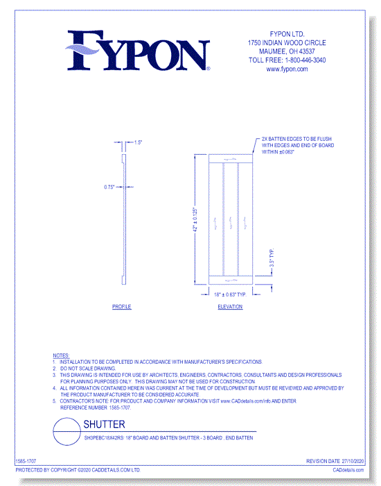 SH3PEBC18X42RS: 18" Board and Batten Shutter - 3 Board , End Batten