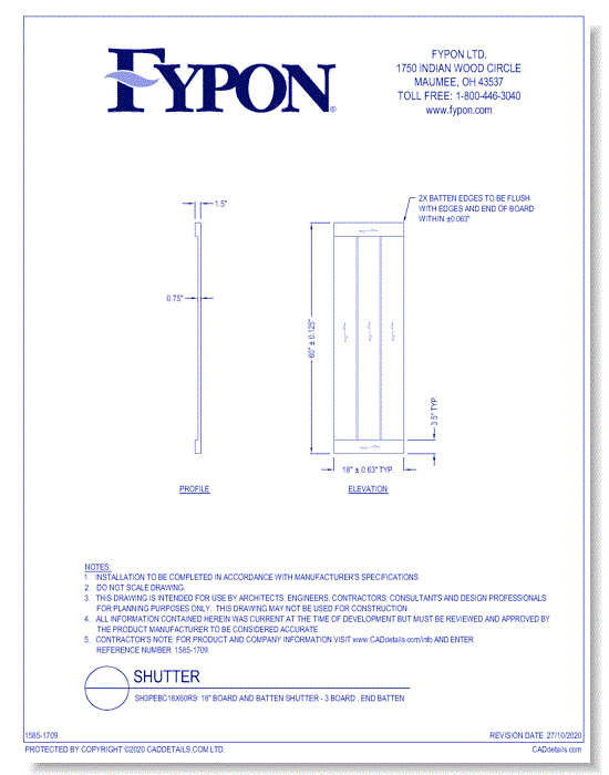 SH3PEBC18X60RS: 18" Board and Batten Shutter - 3 Board , End Batten