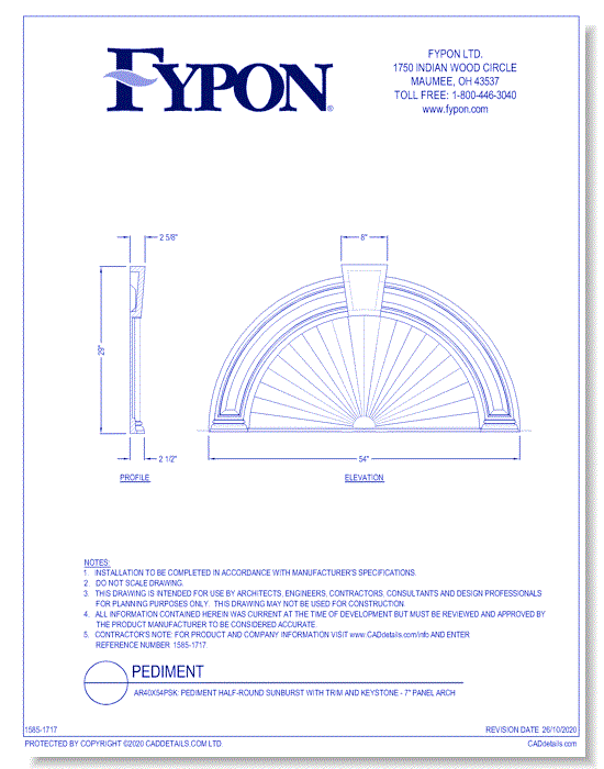 AR40X54PSK: Pediment Half-Round Sunburst with Trim and Keystone - 7" Panel Arch