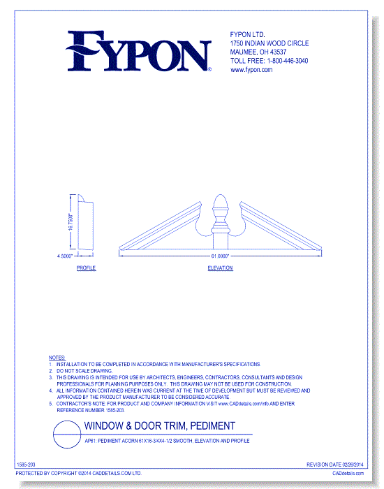 AP61: Pediment Acorn 61x16-3/4x4-1/2 Smooth, Elevation