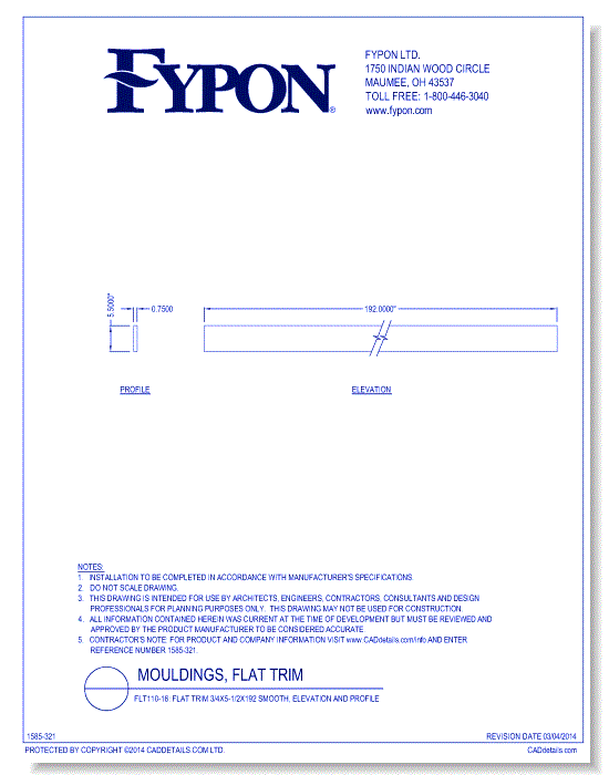 FLT110-16: Flat Trim 3/4x5-1/2x192 Smooth, Profile