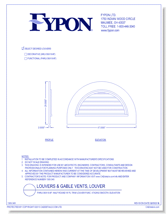 HRLV36x18-6F/FHRLV36x18-6F: Half Round Louver W/ FL Trim Deco/Func 47X29X2 Smooth