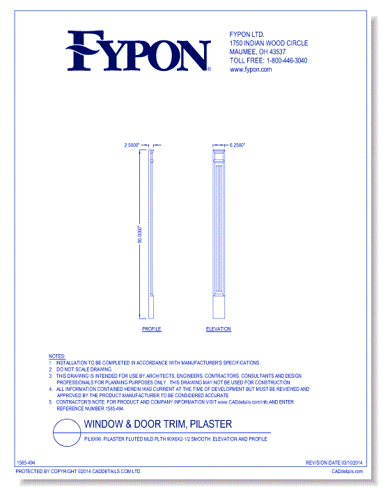 PIL6x90: Pilaster Fluted Mld Plth 90x6x2-1/2 Smooth, Elevation