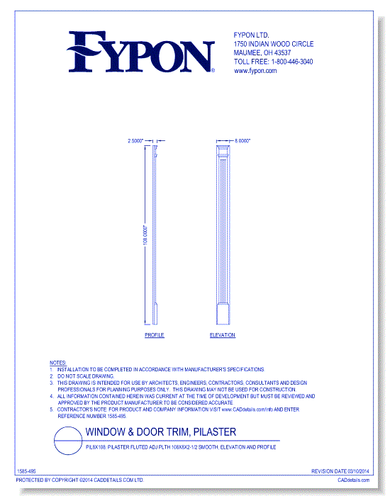 PIL8x108: Pilaster Fluted Adj Plth 108x8x2-1/2 Smooth, Elevation