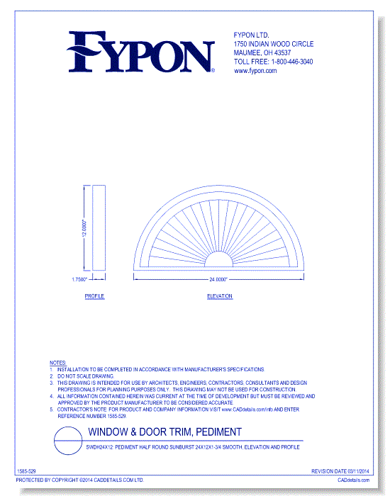SWDH24x12: Pediment Half Round Sunburst 24x12x1-3/4 Smooth, Elevation