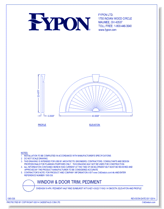 SWDH36x18-4fk: Pediment Half Rnd Sunburst W/T & Key 43x22-7/16x2-1/4 Smooth, Elevation