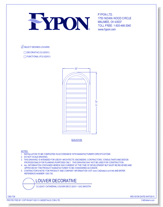 CLV22x31/FCLV22x31: Cathedral Louver Deco/Func 22x31-1/2x2 Smooth