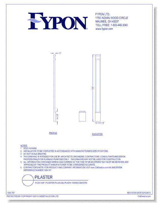 PIL9x108P: Pilaster Plain Adj Plinth 108x9x3 Smooth