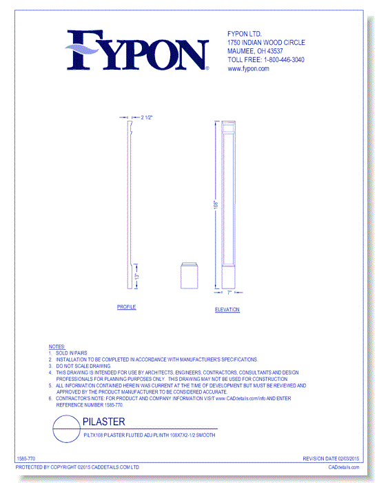 PIL7x108: Pilaster Fluted Adj Plinth 108x7x2-1/2 Smooth