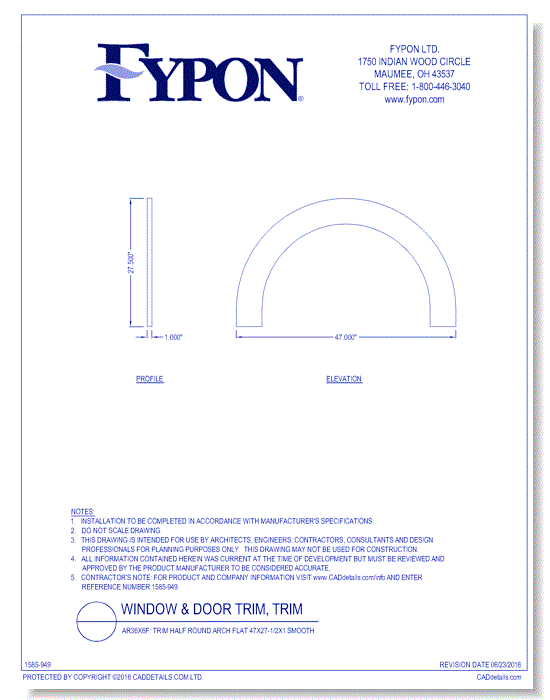 AR36X6F: Trim Half Round Arch Flat 47x27-1/2x1 Smooth