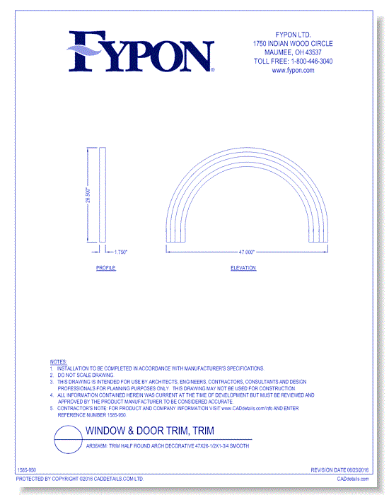 AR36X6M: Trim Half Round Arch Decorative 47x26-1/2x1-3/4 Smooth