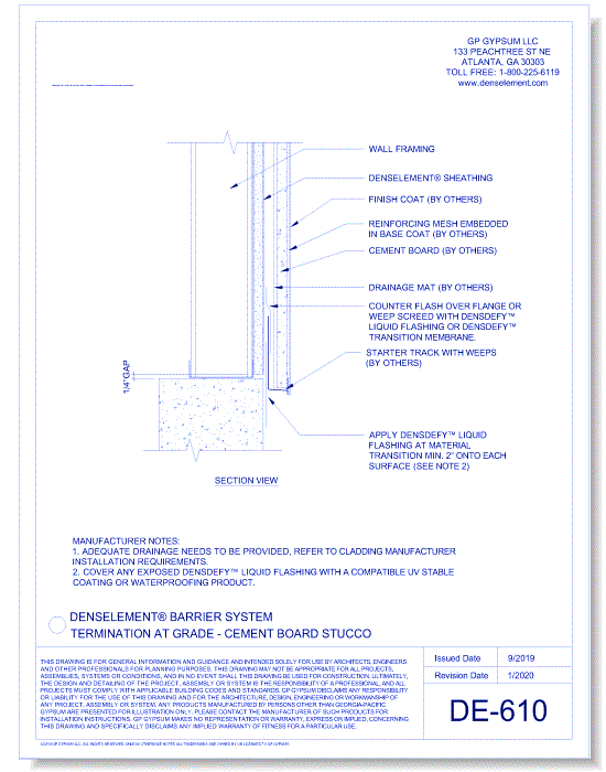 DE-610 - Termination at Grade - Cement Board Stucco