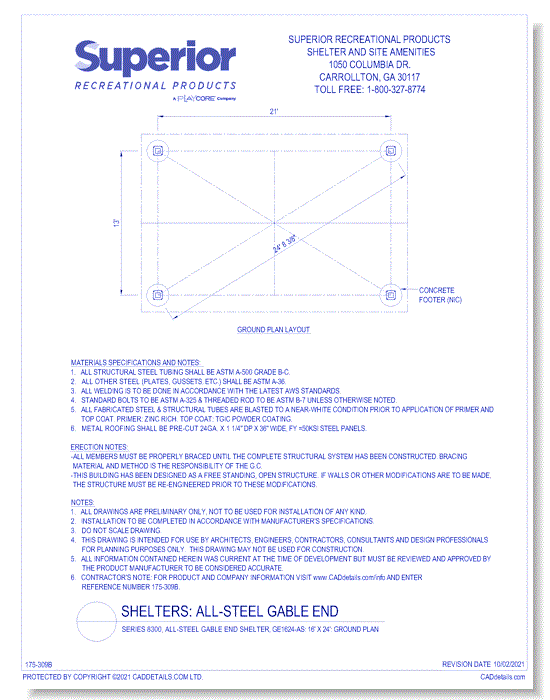 16' x 24' Gable End Shelter: Ground Plan