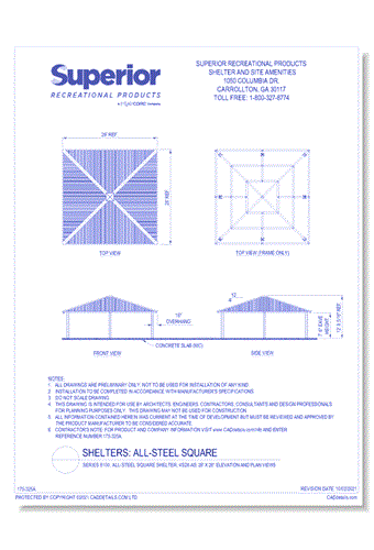 Series 8100, All-Steel Square Shelter, 4S28-AS: 28' x 28' : Elevation and Plan Views