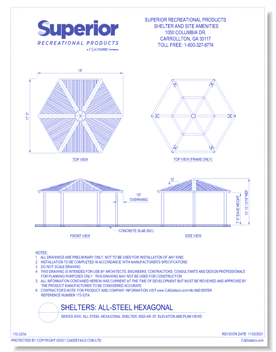 Series 8000, All-Steel Hexagonal Shelter, 6S20-AS: 20' : Elevation and Plan Views