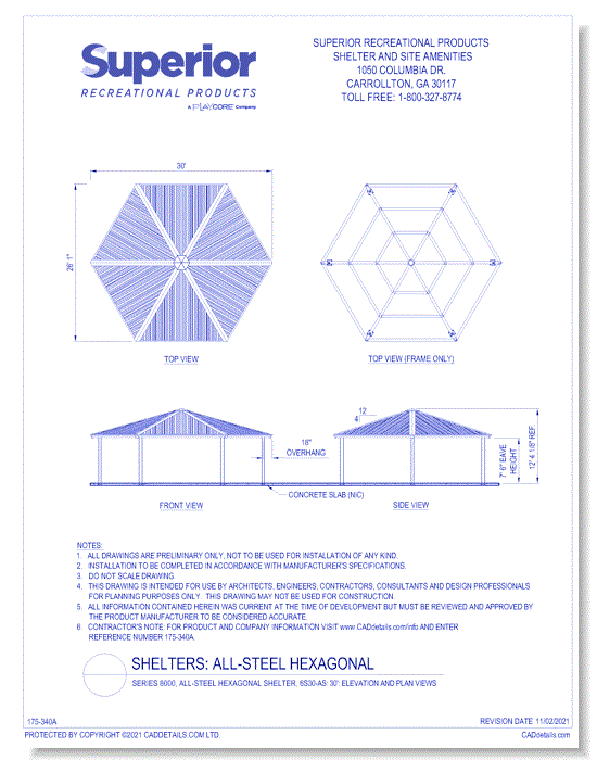 Series 8000, All-Steel Hexagonal Shelter, 6S30-AS: 30' : Elevation and Plan Views