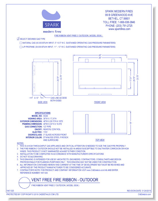 Fire Ribbon Vent Free 3' Outdoor ( Model SS36 )