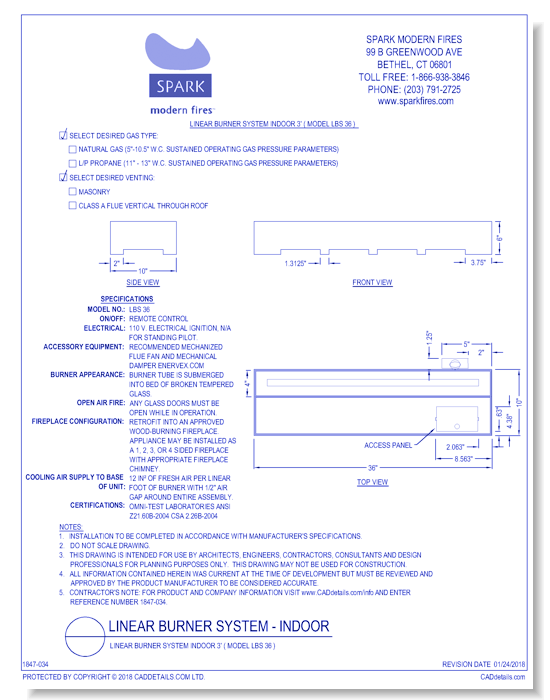 Linear Burner System Indoor 3' ( Model LBS 36 )