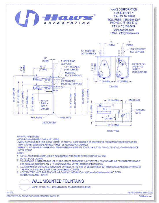 Model 1117LN: Wall Mounted Dual ADA Drinking Fountain