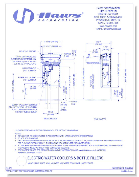 Model 1211S/1211SF: Wall Mount ADA Water Cooler with Bottle Filler