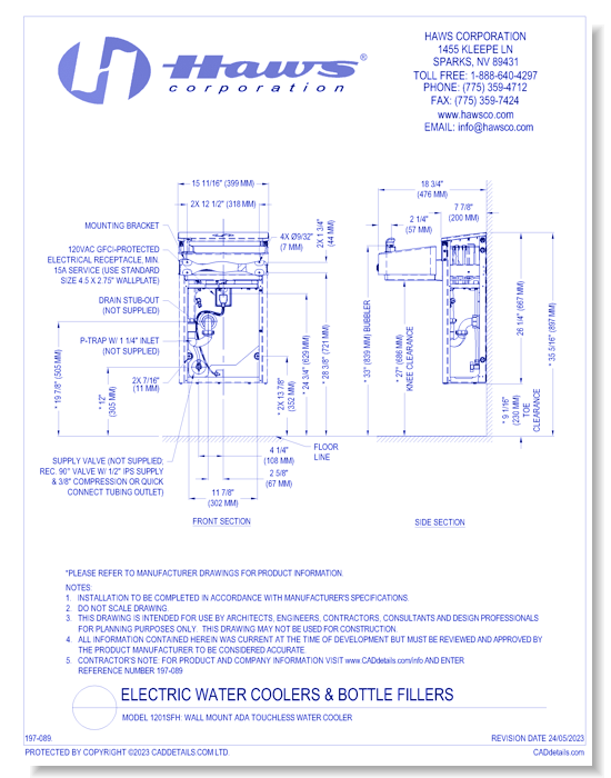 Model 1201SFH: Wall Mount ADA Filtered Touchless Water Cooler