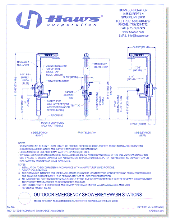 Model 8315CTFP: AXION® MSR Freeze-Protected Shower and Eye/Face Wash