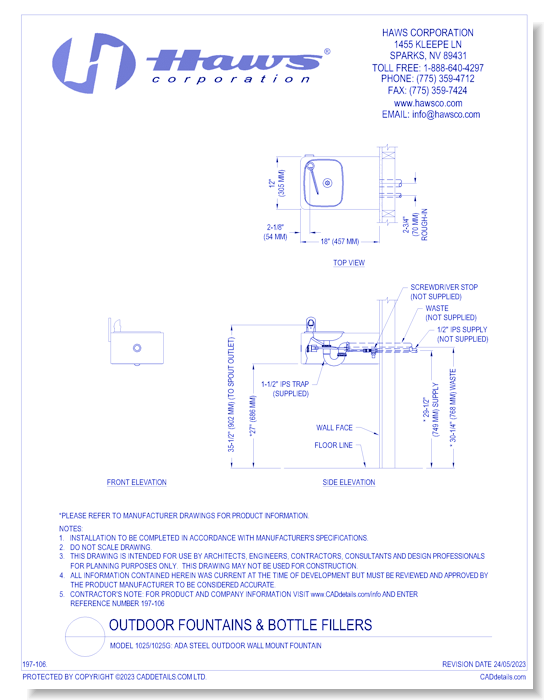Model 1025/1025G: ADA Steel Outdoor Wall Mount Fountain