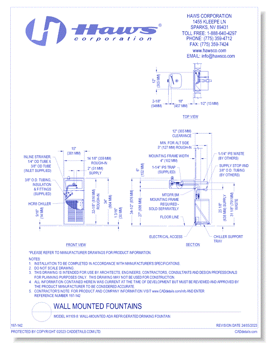 Model H1109.8: Wall-Mounted ADA Refrigerated Drinking Fountain