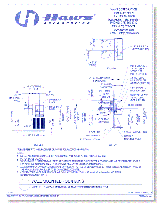 Model H1117LN.8: Wall-Mounted Dual ADA Refrigerated Drinking Fountain