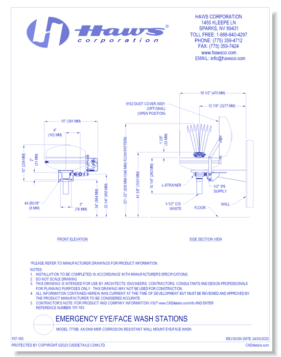 Model 7778B: AXION® MSR Corrosion Resistant Wall Mount Eye/Face Wash
