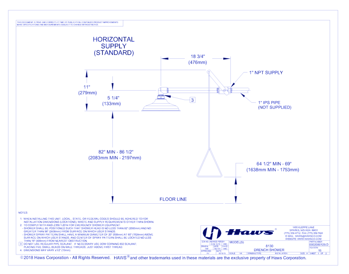 Model 8130: AXION® MSR Corrosion Resistant Emergency Drench Shower