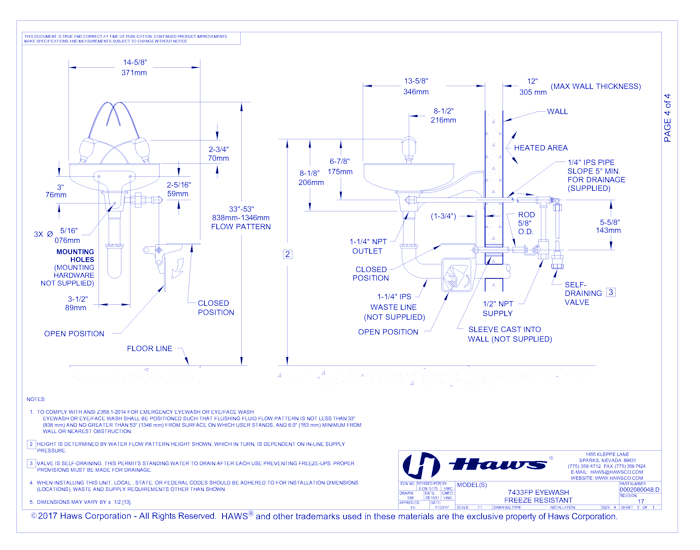 Model 7433FP: Freeze Protected Wall Mount Eyewash