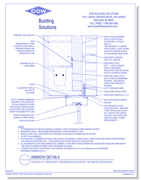 Ultra Wall SL - Window Head - Flash Behind Rigid Insulation - Fire Treated Wood Blocking (C0110)