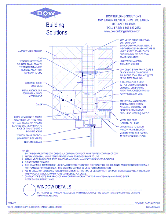 Ultra Wall SL - Window Head Detail with Mineral Wool Fire Separation and Membrane or Metal Thru-wall Flashing (C0113)