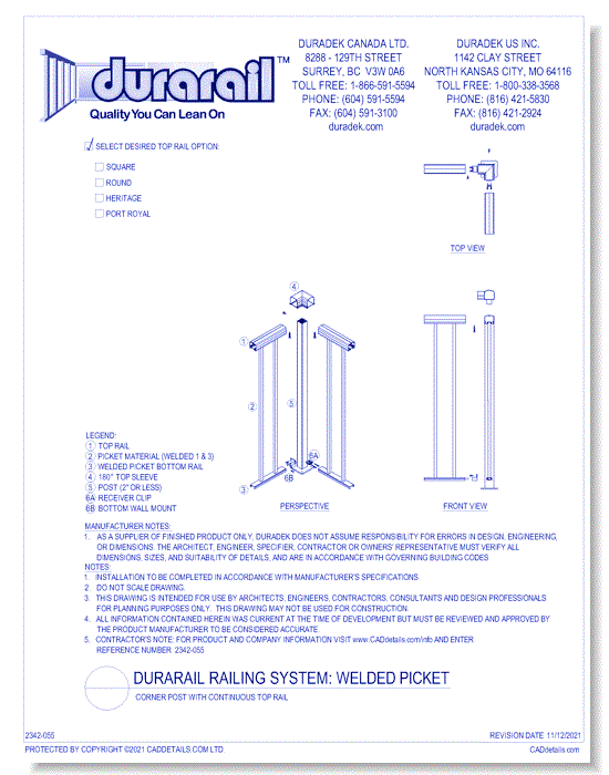 Welded Picket Detail - Corner Post with Continuous Top Rail