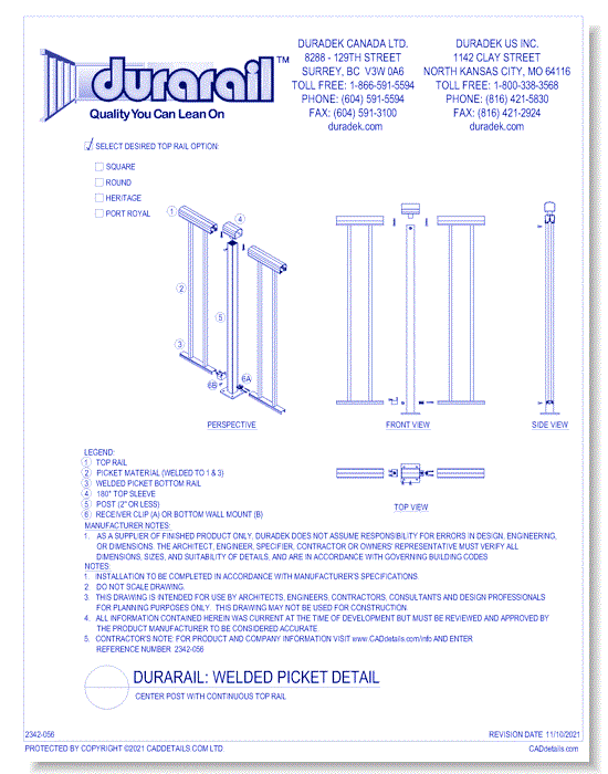 Welded Picket Detail - Center Post with Continuous Top Rail