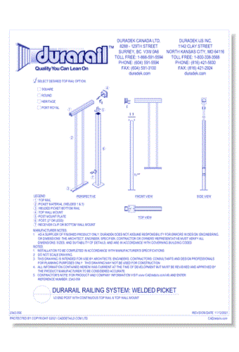 Welded Picket Detail - v2 End Post with Continuous Top Rail and Top Wall Mount