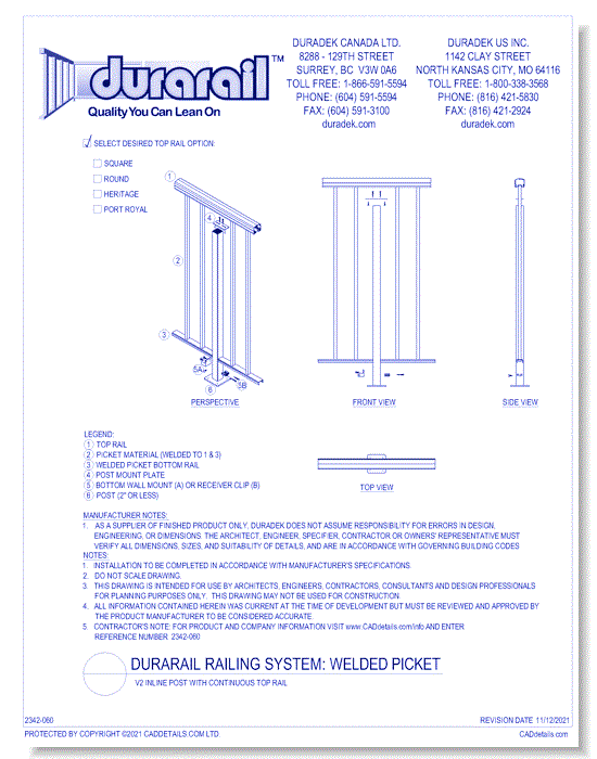 Welded Picket Detail - v2 Inline Post with Continuous Top Rail