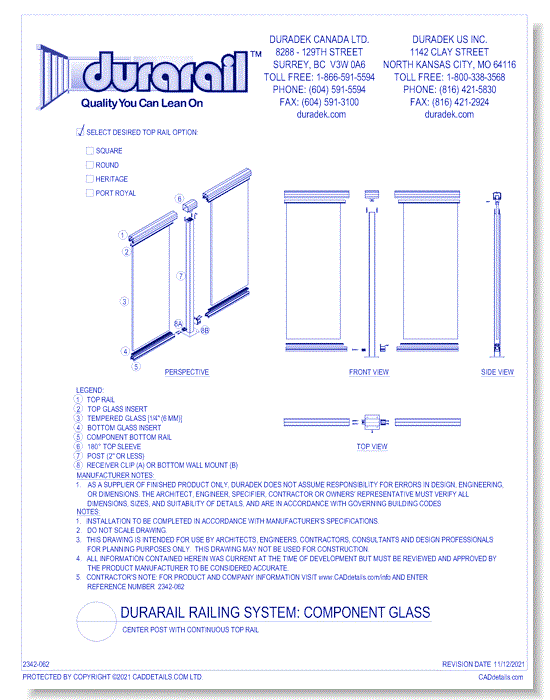 Component Glass Detail - Center Post with Continuous Top Rail