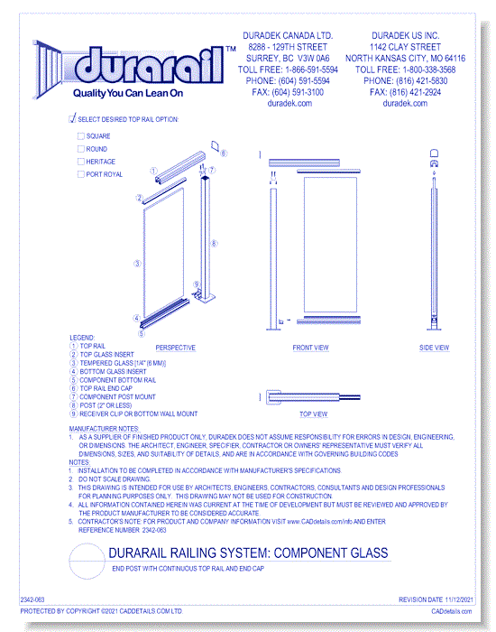 Component Glass Detail - End Post with Continuous Top Rail and End Cap