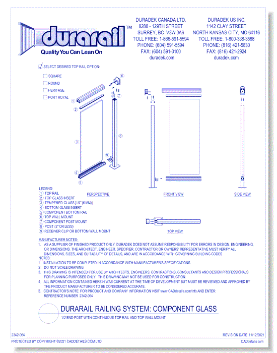 Component Glass Detail - v2 End Post with Continuous Top Rail and Top Wall Mount